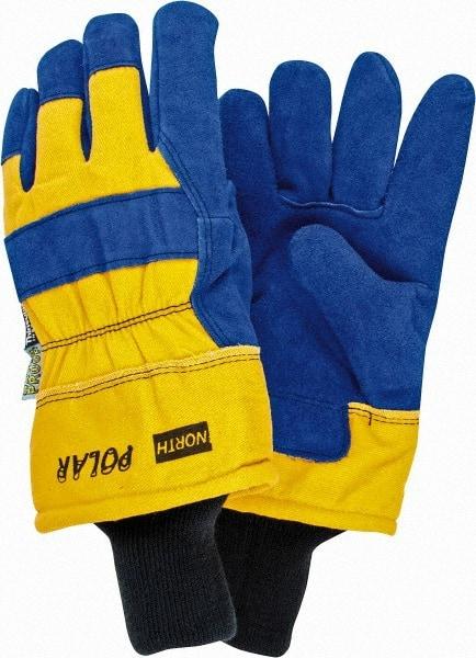 North - Size Universal (9) Split Cowhide Cold Protection Work Gloves - For General Purpose, Uncoated, Knit Wrist Cuff, Full Fingered, Blue/Yellow, Paired - Benchmark Tooling