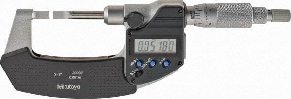 Mitutoyo - 0mm to 25.4mm Electronic Blade Micrometer - 0.003mm Accuracy, 0.75mm Blade Thickness, Ratchet Stop Thimble - Benchmark Tooling