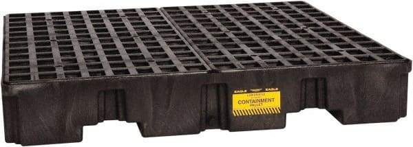 Eagle - 66 Gal Sump, 8,000 Lb Capacity, 4 Drum, Polyethylene Spill Deck or Pallet - 51-1/2" Long x 51-1/2" Wide x 8" High, Black, Liftable Fork, Drain Included, Vertical, 2 x 2 Drum Configuration - Benchmark Tooling