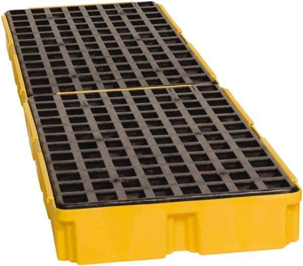 Eagle - 61 Gal Sump, 8,000 Lb Capacity, 4 Drum, Polyethylene Spill Deck or Pallet - 103-1/2" Long x 26-1/2" Wide x 6-1/2" High, Yellow, Drain Included, Low Profile, Vertical, Inline Drum Configuration - Benchmark Tooling