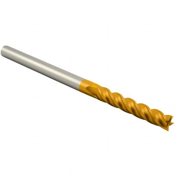 Atrax - 1/2", 3" LOC, 1/2" Shank Diam, 6" OAL, 4 Flute, Solid Carbide Square End Mill - Single End, TiN Finish, Spiral Flute, 30° Helix, Centercutting, Right Hand Cut, Right Hand Flute - Benchmark Tooling