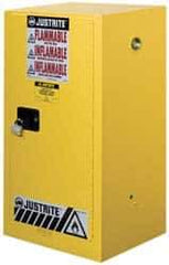 Justrite - 1 Door, 1 Shelf, Yellow Steel Space Saver Safety Cabinet for Flammable and Combustible Liquids - 44" High x 23-1/4" Wide x 18" Deep, Manual Closing Door, 15 Gal Capacity - Benchmark Tooling