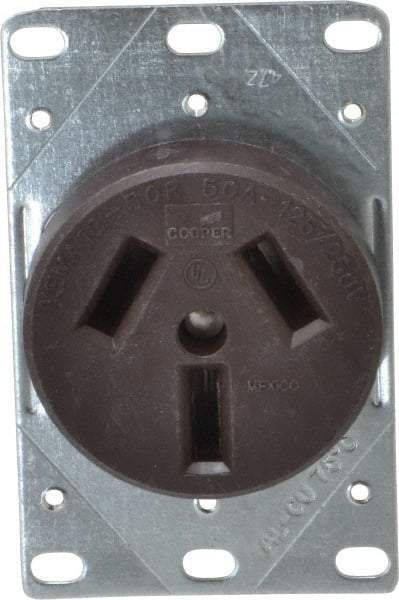 Cooper Wiring Devices - 125/250 VAC, 50 Amp, 10-50R NEMA Configuration, Brown, Specification Grade, Ungrounded Single Receptacle - 1 Phase, 3 Poles, 3 Wire, Flush Mount, Corrosion Resistant - Benchmark Tooling