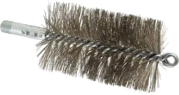 Schaefer Brush - 4-1/2" Brush Length, 2-3/4" Diam, Double Stem, Double Spiral Tube Brush - 7-1/4" Long, Stainless Steel, 1/4" NPSM Male Connection - Benchmark Tooling