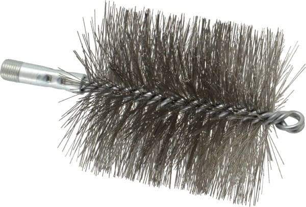 Schaefer Brush - 4-1/2" Brush Length, 4" Diam, Double Stem, Double Spiral Tube Brush - 7-1/4" Long, Stainless Steel, 1/4" NPSM Male Connection - Benchmark Tooling