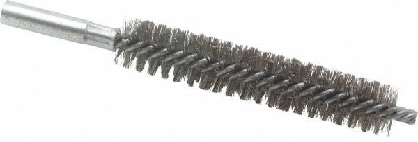 Schaefer Brush - 4" Brush Length, 13/16" Diam, Double Stem, Double Spiral Tube Brush - 6" Long, Stainless Steel, 12-24 Female Connection - Benchmark Tooling