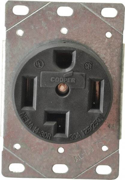 Cooper Wiring Devices - 125/250 VAC, 30 Amp, 14-30R NEMA Configuration, Black, Specification Grade, Ungrounded Single Receptacle - 1 Phase, 3 Poles, 3 Wire, Flush Mount, Corrosion Resistant - Benchmark Tooling