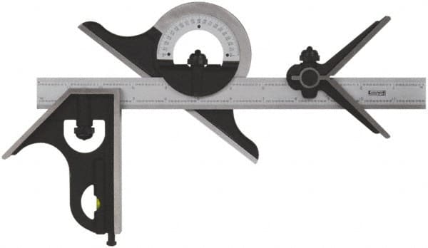 SPI - 4 Piece, 24" Combination Square Set - 1/100, 1/32, 1/50 & 1/64" (16R) Graduation, Hardened Steel Blade, Cast Iron Center, Protractor & Square Head - Benchmark Tooling