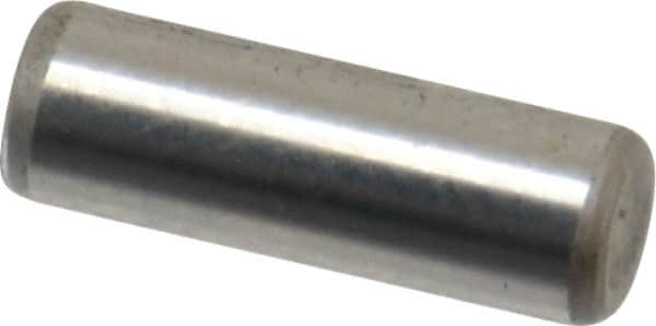 Made in USA - 1/8" Diam x 3/8" Pin Length Grade 8 Alloy Steel Standard Dowel Pin - Bright Finish, C 47-58 & C 60 (Surface) Hardness, 1,840 Lb (Single Shear), 3,680 Lb (Double Shear) Breaking Strength, 1 Beveled & 1 Rounded End - Benchmark Tooling