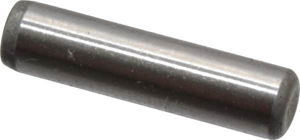 Made in USA - 1/8" Diam x 1/2" Pin Length Grade 8 Alloy Steel Standard Dowel Pin - Bright Finish, C 47-58 & C 60 (Surface) Hardness, 1,840 Lb (Single Shear), 3,680 Lb (Double Shear) Breaking Strength, 1 Beveled & 1 Rounded End - Benchmark Tooling