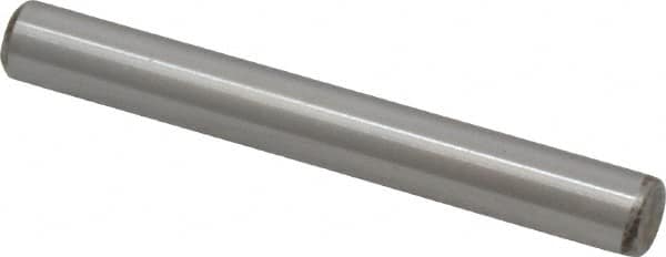 Made in USA - 1/4" Diam x 2" Pin Length Grade 8 Alloy Steel Standard Dowel Pin - Bright Finish, C 47-58 & C 60 (Surface) Hardness, 14,720 Lb (Double Shear), 7,360 Lb (Single Shear) Breaking Strength, 1 Beveled & 1 Rounded End - Benchmark Tooling