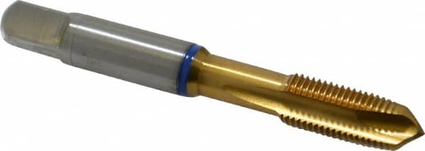 Guhring - 3/8-24 UNF, 3 Flute, TiN Finish, Powdered Metal Spiral Point Tap - Plug Chamfer, Right Hand Thread, 2.941" OAL, 0.79" Thread Length, 0.381" Shank Diam, 2B Class of Fit, Series 3908 - Exact Industrial Supply