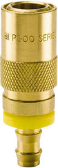 Parker - Nonthreaded Brass Hydraulic Hose Push-Lok Hose Barb Coupler & 90° Fitting - 200 psi, 6 GPM, 3/8" Hose Diam, Series Moldmate - Benchmark Tooling