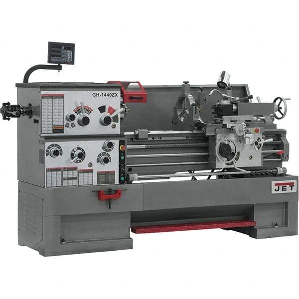 Jet - 14" Swing, 40" Between Centers, 230 Volt, Triple Phase Engine Lathe - 7MT Taper, 7-1/2 hp, 42 to 1,800 RPM, 3-1/8" Bore Diam, 40" Deep x 46-7/8" High x 97-1/2" Long - Benchmark Tooling