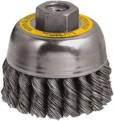 DeWALT - 3" Diam, M10x1.25 Threaded Arbor, Steel Fill Cup Brush - 0.02 Wire Diam, 7/8" Trim Length, 14,000 Max RPM - Benchmark Tooling