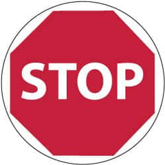 NMC - Stop, Anti-Skid Pressure-Sensitive Vinyl Floor Sign - Round, White on Red, Adhesive Backed, For Accident Prevention - Benchmark Tooling