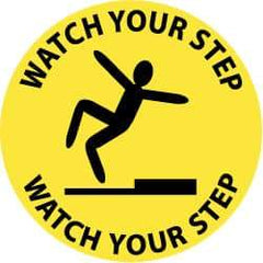 NMC - Watch Your Step, Anti-Skid Pressure-Sensitive Vinyl Floor Sign - Round, Black on Yellow, Adhesive Backed, For Accident Prevention - Benchmark Tooling