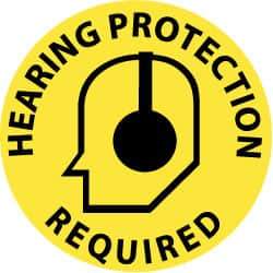 NMC - Hearing Protection Required, Anti-Skid Pressure-Sensitive Vinyl Floor Sign - Round, Black on Yellow, Adhesive Backed, For Accident Prevention - Benchmark Tooling