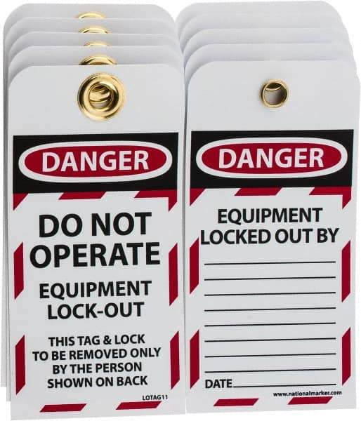 NMC - 3" High x 6" Long, DANGER - DO NOT OPERATE - EQUIPMENT LOCK-OUT - THIS TAG & LOCK TO BE REMOVED ONLY BY THE PERSON SHOWN ON BACK, English Safety & Facility Lockout Tag - Tag Header: Danger, 2 Sides, Black, Red & White Unrippable Vinyl - Benchmark Tooling