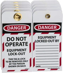 NMC - 3" High x 6" Long, DANGER - DO NOT OPERATE - EQUIPMENT LOCK-OUT - THIS TAG & LOCK TO BE REMOVED ONLY BY THE PERSON SHOWN ON BACK, English Safety & Facility Lockout Tag - Tag Header: Danger, 2 Sides, Black, Red & White Unrippable Vinyl - Benchmark Tooling