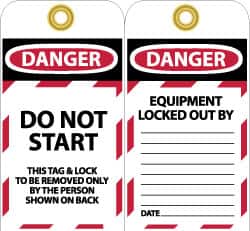 NMC - 3" High x 6" Long, DANGER - DO NOT START - THIS TAG & LOCK TO BE REMOVED ONLY BY THE PERSON SHOWN ON BACK, English Safety & Facility Lockout Tag - Tag Header: Danger, 2 Sides, Black, Red & White Unrippable Vinyl - Benchmark Tooling