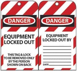 NMC - 3" High x 6" Long, DANGER - EQUIPMENT LOCKED OUT - THIS TAG & LOCK TO BE REMOVED ONLY BY THE PERSON SHOWN ON BACK, English Safety & Facility Lockout Tag - Tag Header: Danger, 2 Sides, Black, Red & White Unrippable Vinyl - Benchmark Tooling