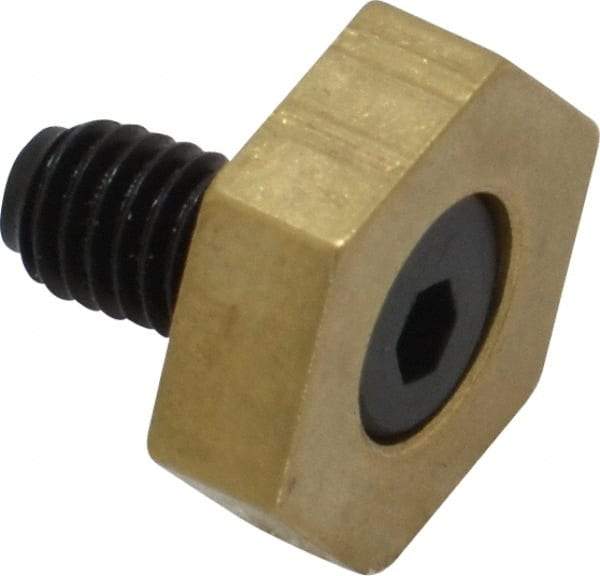 Mitee-Bite - 1/2" Brass Hex, 10-32 Stud Thread, Symmetrical Hex Clamp - 0.16" Hex Height, 350 Lb Holding Force, Hardened Steel Stud, 11/32" Long Thread, 2.5 Ft/Lb Torque, 10 Clamps - Benchmark Tooling