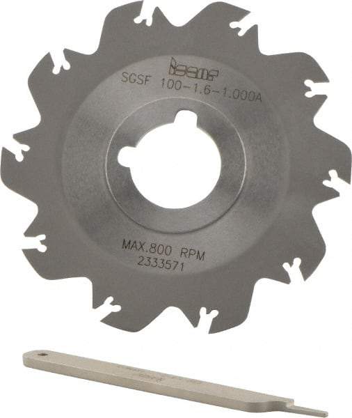 Iscar - Arbor Hole Connection, 0.049" Cutting Width, 1.18" Depth of Cut, 3.94" Cutter Diam, 1" Hole Diam, 10 Tooth Indexable Slotting Cutter - SGSF Toolholder, GSFN, GSFU Insert - Benchmark Tooling