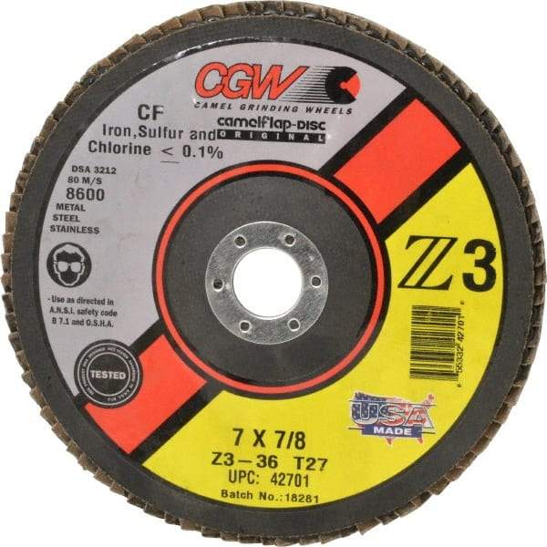 Camel Grinding Wheels - 36 Grit, 7" Disc Diam, 7/8" Center Hole, Type 27 Zirconia Alumina Flap Disc - 8,600 Max RPM, Poly Cotton Backing, Arbor Attaching System, Coated - Benchmark Tooling