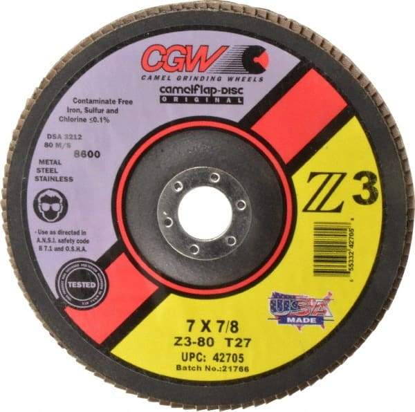 Camel Grinding Wheels - 80 Grit, 7" Disc Diam, 7/8" Center Hole, Type 27 Zirconia Alumina Flap Disc - 8,600 Max RPM, Poly Cotton Backing, Arbor Attaching System, Coated - Benchmark Tooling
