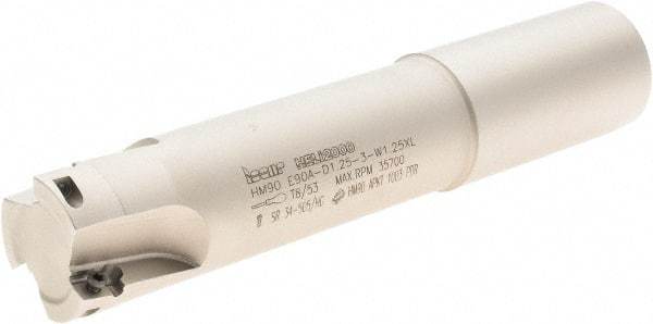 Iscar - 1-1/4" Cut Diam, 0.394" Max Depth of Cut, 1-1/4" Shank Diam, 6.3" OAL, Indexable Square Shoulder End Mill - Weldon Shank, 90° Lead Angle, Series Heli2000 - Benchmark Tooling