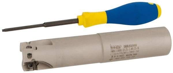 Iscar - 1-1/4" Cut Diam, 0.56" Max Depth of Cut, 1-1/4" Shank Diam, 6-1/4" OAL, Indexable Square Shoulder End Mill - AD..1505.., HM90 AD..1505 Inserts, Weldon Shank, 90° Lead Angle, Series Heli2000 - Benchmark Tooling