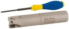 Iscar - 1-1/4" Cut Diam, 0.56" Max Depth of Cut, 1-1/4" Shank Diam, 6-1/4" OAL, Indexable Square Shoulder End Mill - AD..1505.., HM90 AD..1505 Inserts, Weldon Shank, 90° Lead Angle, Series Heli2000 - Benchmark Tooling