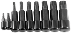 9 Piece - 4 and 5mm Bit have 5/16" Hex Drive - 6; 8; 10 and 12mm Bit have 1/2" Hex Drive - 14 and 16mm Bit have 5/8" Hex Drive - 18mm Bit has a 3/4" Hex Drive - 12 Point - Triple Square Bit Set - Benchmark Tooling