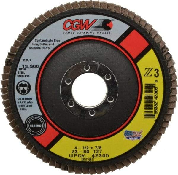 Camel Grinding Wheels - 80 Grit, 4-1/2" Disc Diam, 7/8" Center Hole, Type 27 Zirconia Alumina Flap Disc - 13,300 Max RPM, Poly Cotton Backing, Arbor Attaching System, Coated - Benchmark Tooling