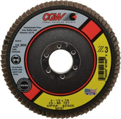Camel Grinding Wheels - 80 Grit, 4-1/2" Disc Diam, 7/8" Center Hole, Type 27 Zirconia Alumina Flap Disc - 13,300 Max RPM, Poly Cotton Backing, Arbor Attaching System, Coated - Benchmark Tooling