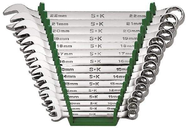 SK - 15 Piece, 1/4 to 1", Combination Wrench Set - Inch System of Measurement, Chrome Finish, Comes in Rack - Benchmark Tooling