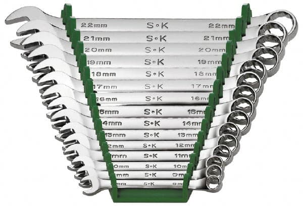 SK - 15 Piece, 8 to 22mm, Combination Wrench Set - Metric System of Measurement, Chrome Finish, Comes in Rack - Benchmark Tooling