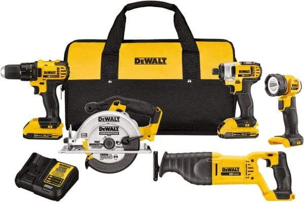 DeWALT - 20 Volt Cordless Tool Combination Kit - Includes 1/2" Compact Drill/Driver, 1/4" Impact Driver, Reciprocating Saw, 6-1/2 Circular Saw & LED Worklight, Lithium-Ion Battery Included - Benchmark Tooling