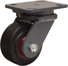 Hamilton - 4" Diam x 2" Wide x 5-5/8" OAH Top Plate Mount Swivel Caster - Rubber Mold on Cast Iron, 300 Lb Capacity, Straight Roller Bearing, 4 x 5" Plate - Benchmark Tooling