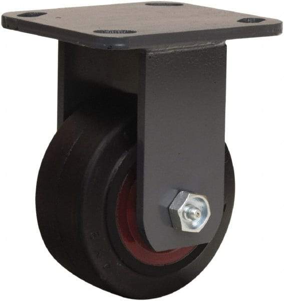 Hamilton - 4" Diam x 2" Wide x 5-5/8" OAH Top Plate Mount Rigid Caster - Rubber Mold on Cast Iron, 300 Lb Capacity, Straight Roller Bearing, 4 x 4-1/2" Plate - Benchmark Tooling