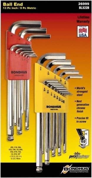 Bondhus - 22 Piece L-Key Ball End Hex Key Set - Hex Range 0.05 to 3/8", Protanium High Torque Steel - Benchmark Tooling