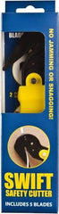 Swift Safety Cutter - Springback Safety Utility Knife - 2" Steel Blade, Yellow Nylon-6 Polyamide Handle, 6 Blades Included - Benchmark Tooling