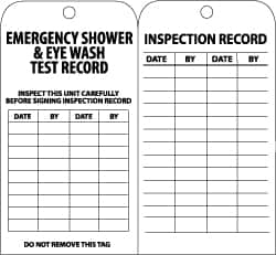 NMC - 3" High x 6" Long, EMERGENCY SHOWER & EYE WASH TEST RECORD, English Safety & Facility Inspection Tag - Tag Header: Notice, 2 Sides, Black & White Paper - Benchmark Tooling