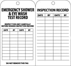 NMC - 3" High x 6" Long, EMERGENCY SHOWER & EYE WASH TEST RECORD, English Safety & Facility Inspection Tag - Tag Header: Notice, 2 Sides, Black & White Paper - Benchmark Tooling