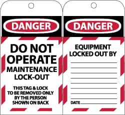 NMC - 3" High x 6" Long, DANGER - DO NOT OPERATE - MAINTENANCE LOCK OUT - THIS TAG & LOCK TO BE REMOVED ONLY BY THE PERSON SHOWN ON BACK, English Safety & Facility Lockout Tag - Tag Header: Danger, 2 Sides, Black, Red & White Synthetic Paper - Benchmark Tooling