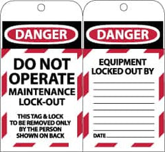 NMC - 3" High x 6" Long, DANGER - DO NOT OPERATE - MAINTENANCE LOCK OUT - THIS TAG & LOCK TO BE REMOVED ONLY BY THE PERSON SHOWN ON BACK, English Safety & Facility Lockout Tag - Tag Header: Danger, 2 Sides, Black, Red & White Synthetic Paper - Benchmark Tooling
