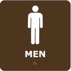 NMC - Men, 8" Wide x 8" High, Plastic Sign - English, Braille, White on Brown, Wall Mount - Benchmark Tooling
