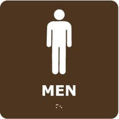 NMC - Men, 8" Wide x 8" High, Plastic Sign - English, Braille, White on Brown, Wall Mount - Benchmark Tooling