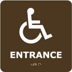 NMC - Entrance, 8" Wide x 8" High, Plastic Sign - English, Braille, White on Brown, Wall Mount - Benchmark Tooling